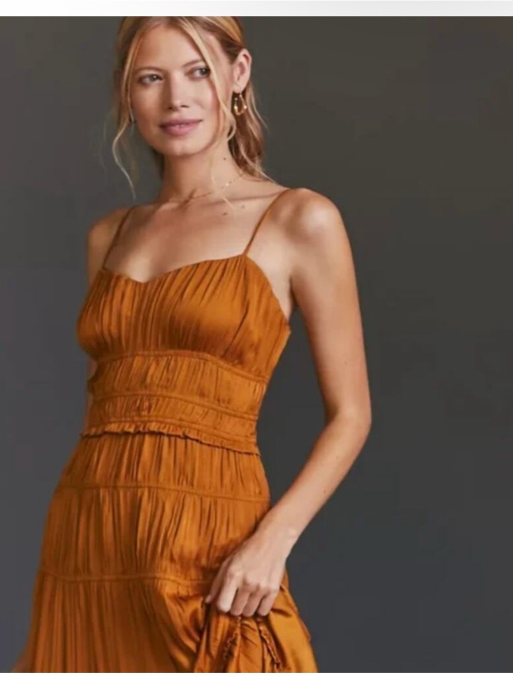 Anthropologie Gold Rust Ruched Tiered Satin Slip Milkmaid Cottage Dress- 4 - Picture 3 of 7
